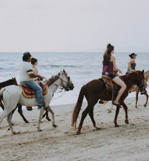 Group of people enjoying horseback riding along Bucerías beach, Mexico, against ocean waves.
